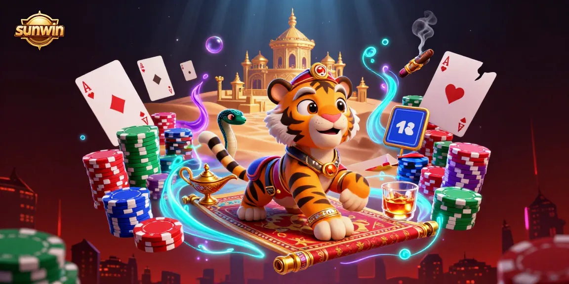 Engage with the thrilling world of sunwin as the tiger sultan navigates a vibrant casino on a flying carpet of poker chips.