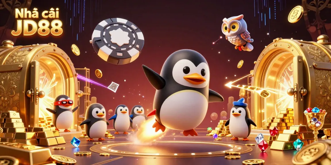 Experience thrilling action with Nhà cái JD88, featuring a golden penguin blasting through space toward a vibrant casino.