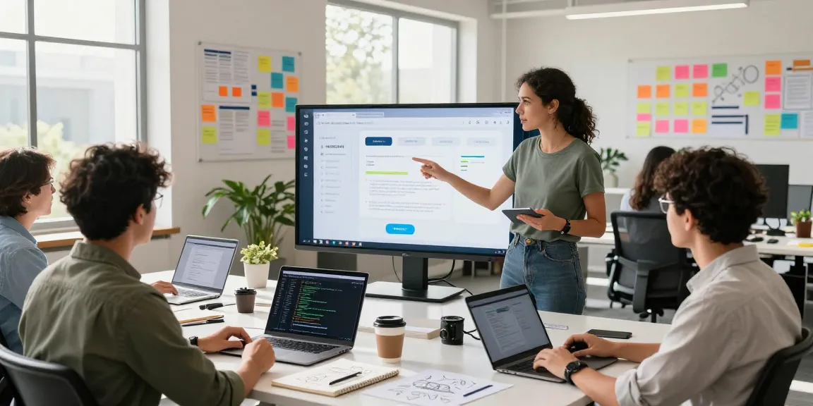 Team working to build internal tools with AI in a bright office space, showcasing collaborative development.