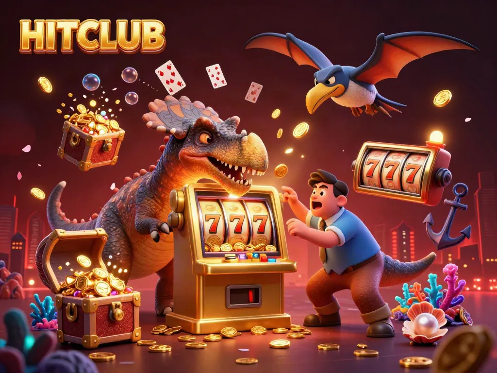 Experience the HITCLUB excitement with dynamic jackpot action featuring a pachycephalosaurus and coins!