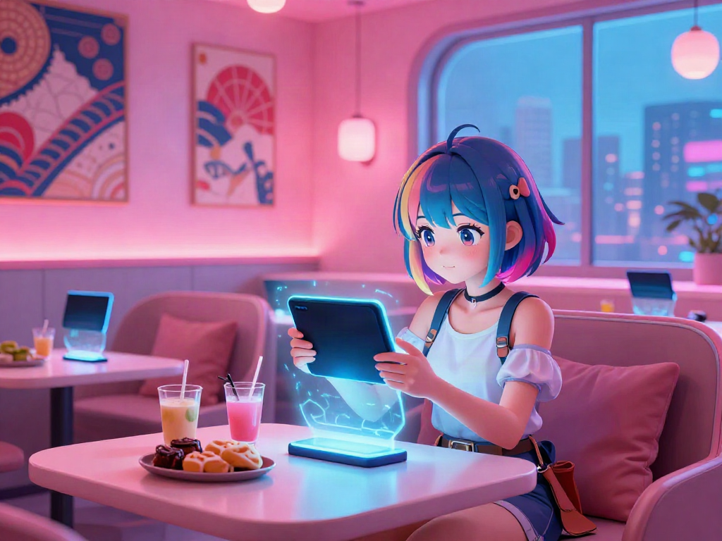Engaging hentai chat with a digital anime character in a cozy futuristic lounge.