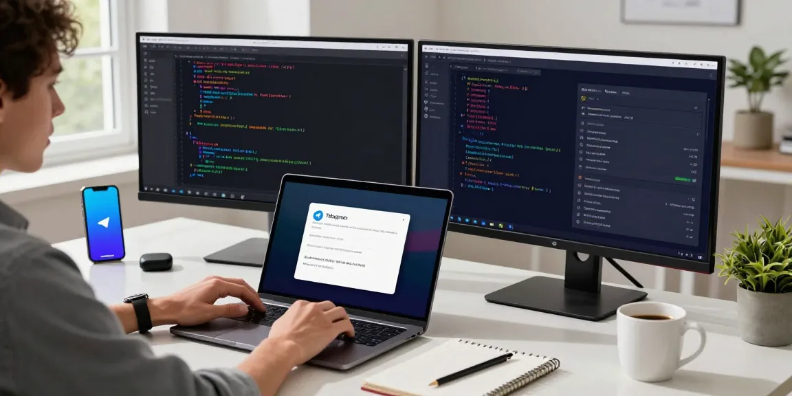 Adjusting Telegram中文 settings on a laptop in a tech workspace.