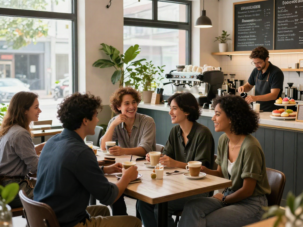 Friends enjoying coffee at a modern café, showcasing rokok88 lifestyle and camaraderie.