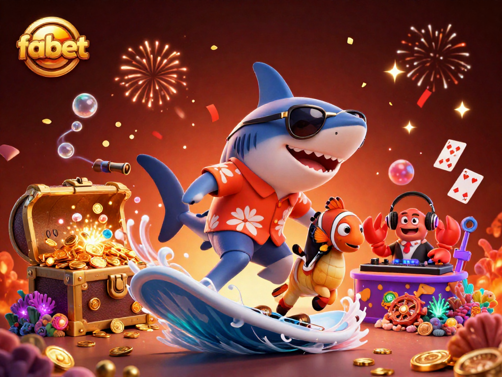 Experience the thrill of fabet with a vibrant underwater casino scene featuring a hammer-head shark and lively characters.