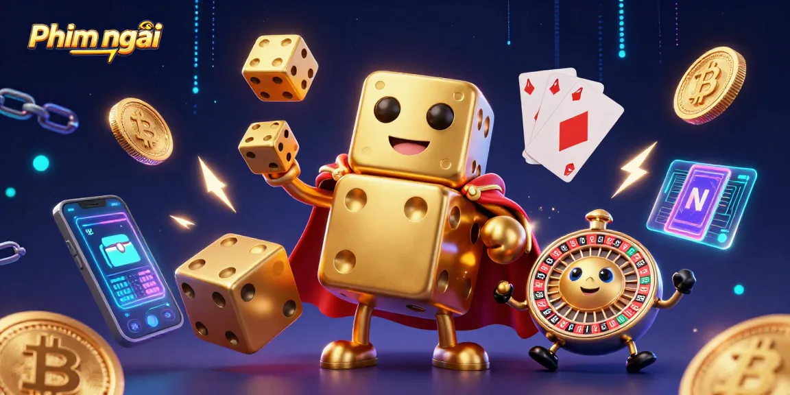 Engage with Phim mới while enjoying a vibrant casino scene with golden dice and crypto elements.