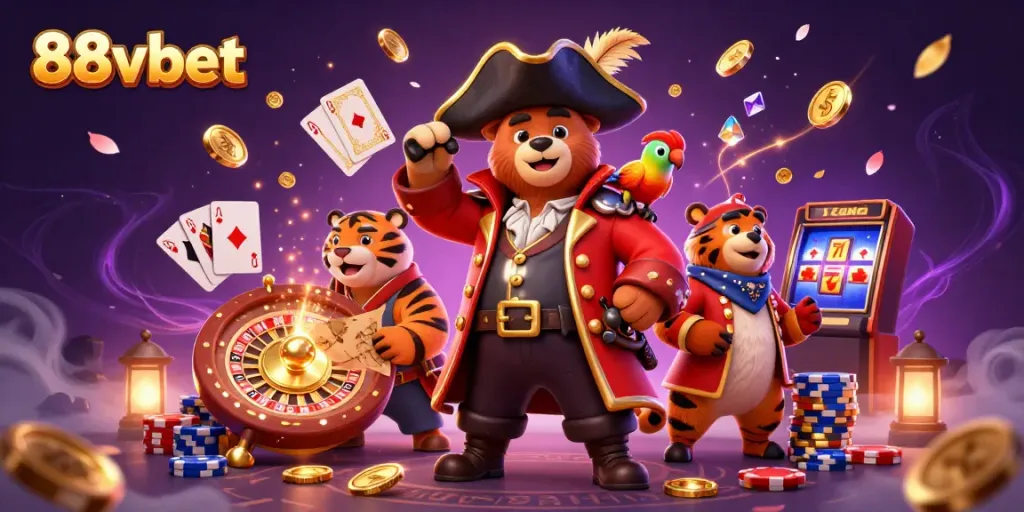 Experience thrilling action at 88vbet with a lively pirate bear and tiger in a dazzling casino scene.