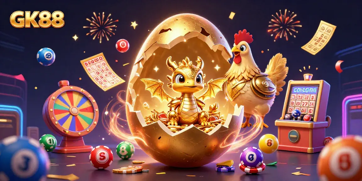 Experience the thrill of GK88 with a dazzling illustration of golden gaming elements and festive atmosphere.