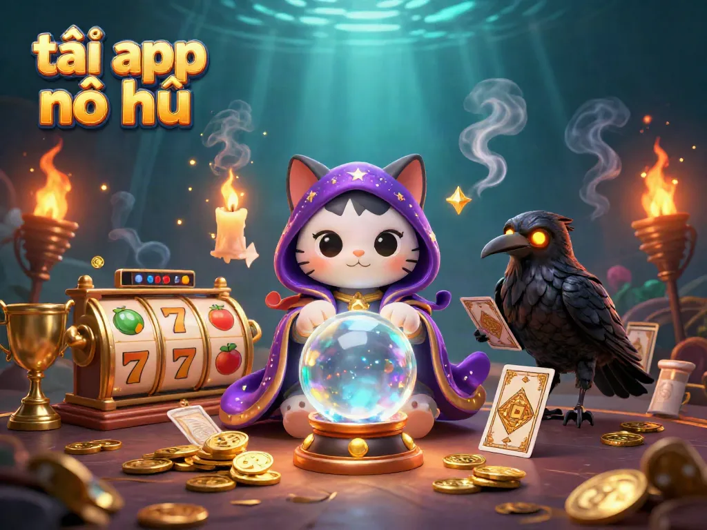Experience excitement at tải app nổ hũ with a mystical cat and raven surrounded by dynamic slot reels and golden trophies.