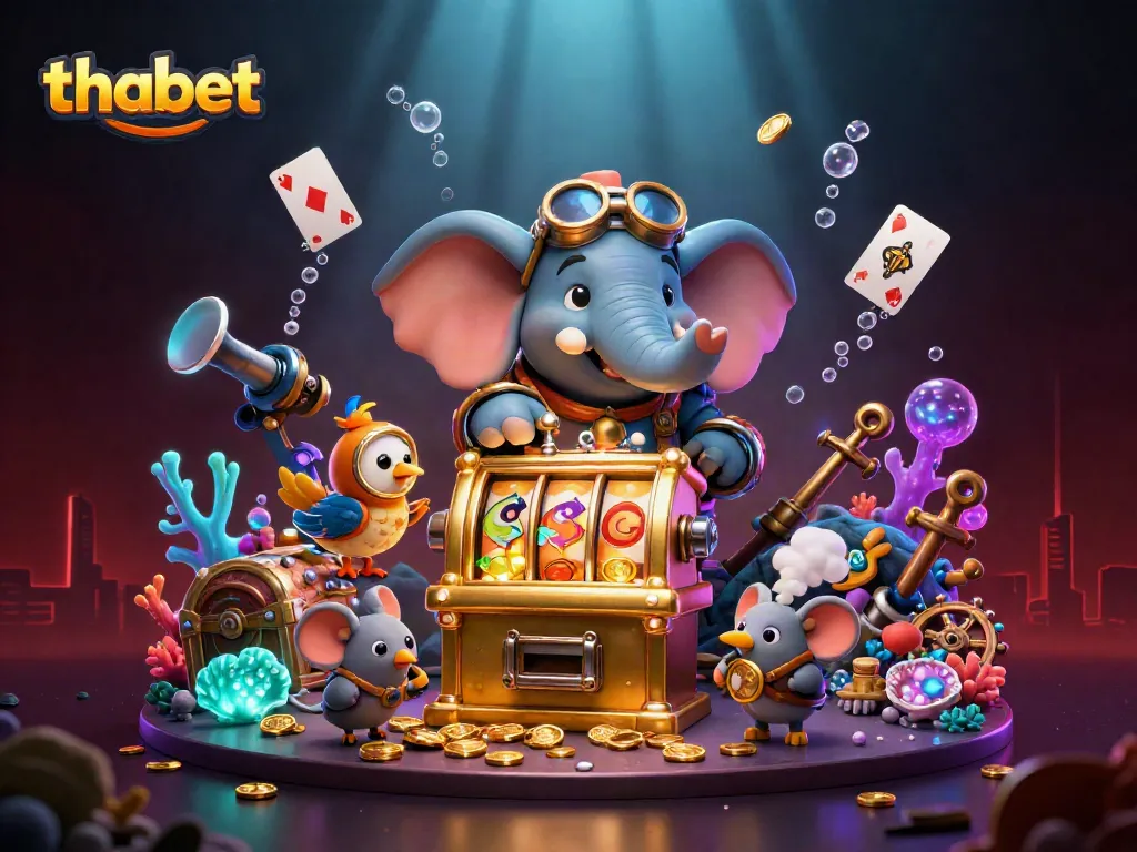 Experience the excitement of thabet with a vibrant 3D illustration of a steampunk elephant at a golden slot machine.