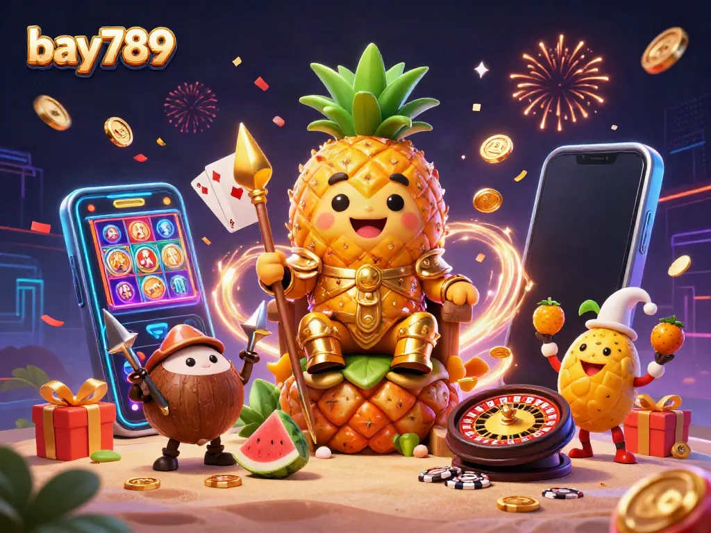 Experience the thrill of bay789 with a vibrant casino scene featuring a pineapple king and dynamic game elements.