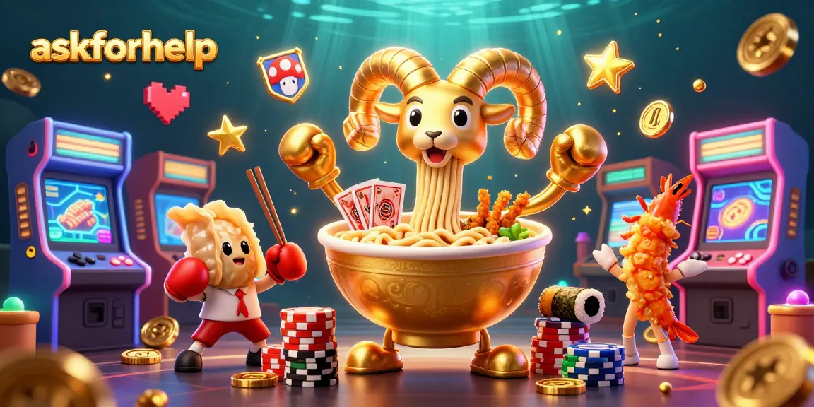 askforhelp illustrates a vibrant casino scene with a ramen bowl dealer stacking chips and cards.