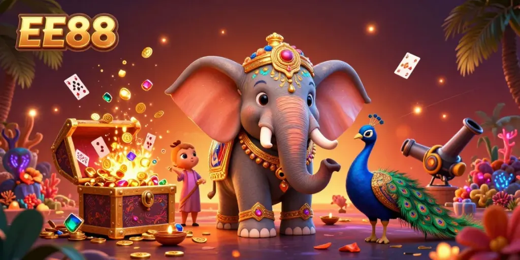 Experience thrilling gameplay at EE88 with the vibrant colored elephant and treasures overflowing from treasure chests.