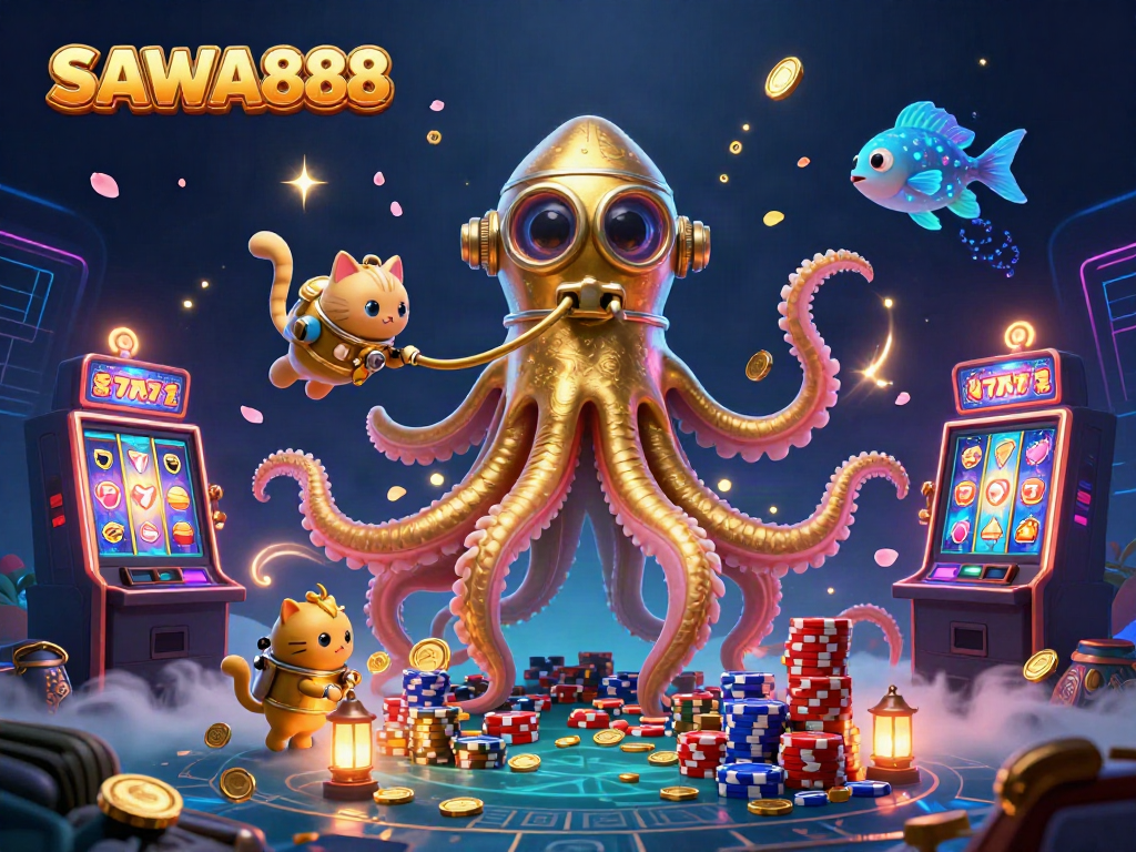 Experience thrilling slots action with SAWA888 alongside a dynamic kraken and cat divers.