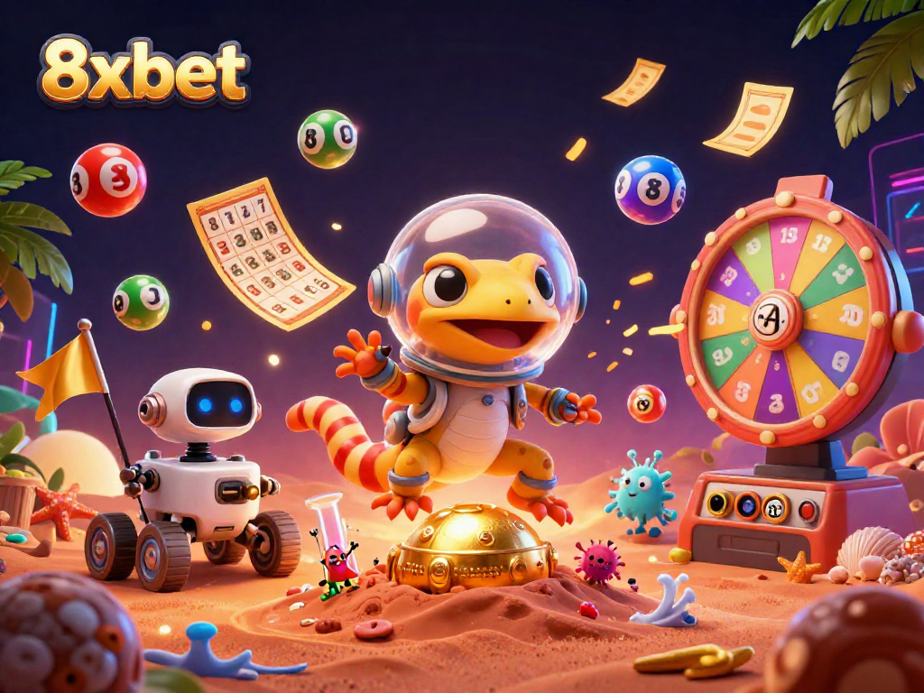 Engage with thrilling games at 8xbet, featuring vibrant casino elements and a fun Martian adventure.