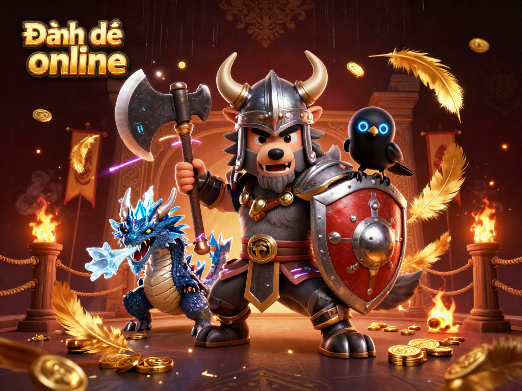 Engage in Đánh đề online with a Viking warrior, fierce dragon, and magical atmosphere.