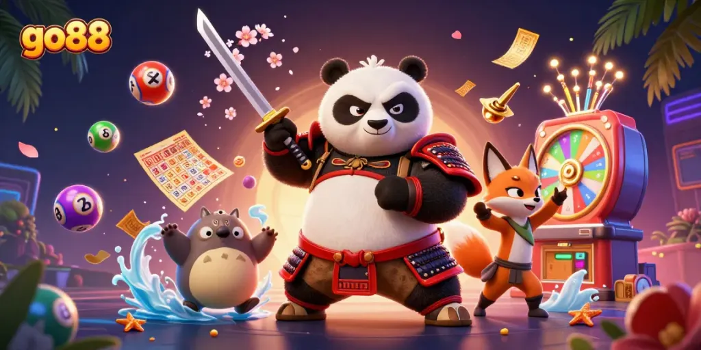 Engage in thrilling gaming excitement at go88 with vibrant lottery and casino elements featuring a dynamic panda, fox, and tanuki.