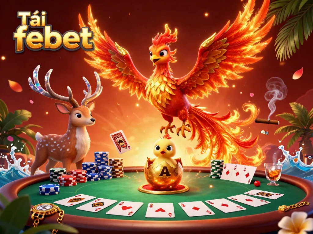 Engage in thrilling games at Tải febet featuring a vibrant 3D phoenix and high-stakes poker elements.