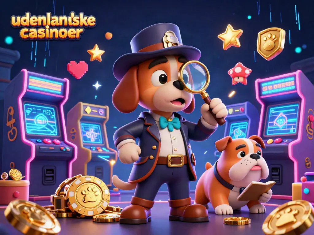 Engage with udenlandske casinoer via an energetic scene showcasing a detective and gaming elements.