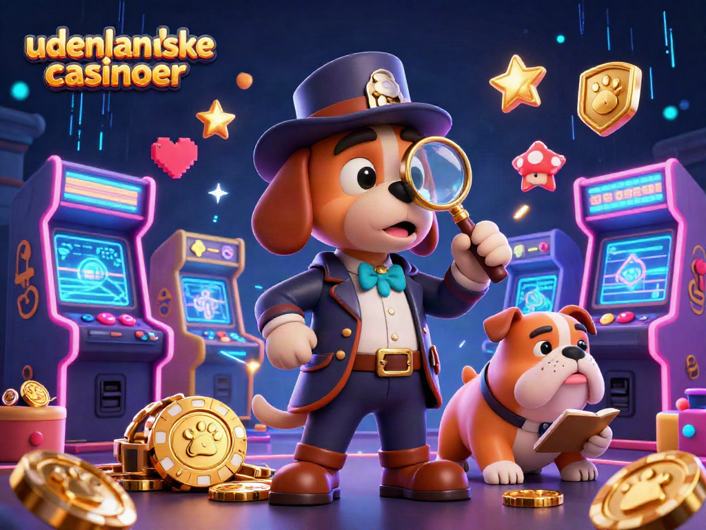 Engage with udenlandske casinoer via an energetic scene showcasing a detective and gaming elements.