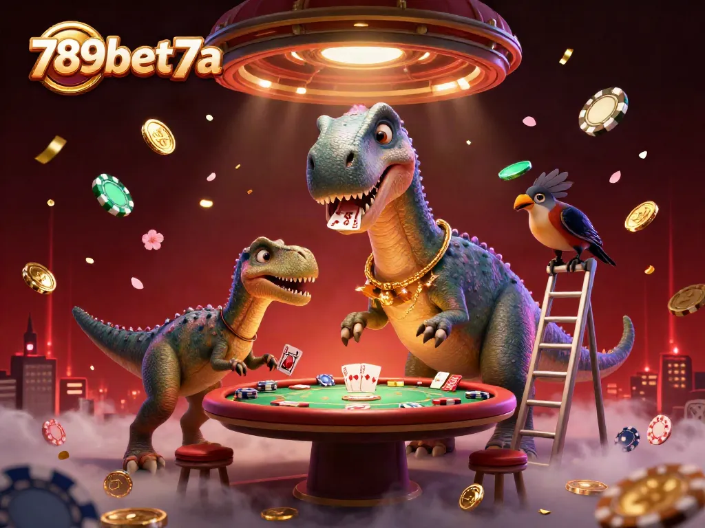 Engage with thrilling poker at 789bet7a featuring cartoon dinosaurs and vibrant casino elements.