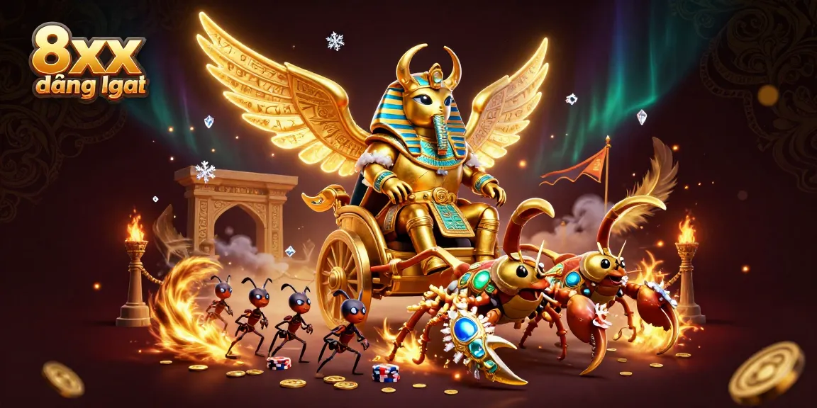 Experience the thrill of 8xx đăng nhập with dynamic casino elements featuring a colossal scarab and scorpions.
