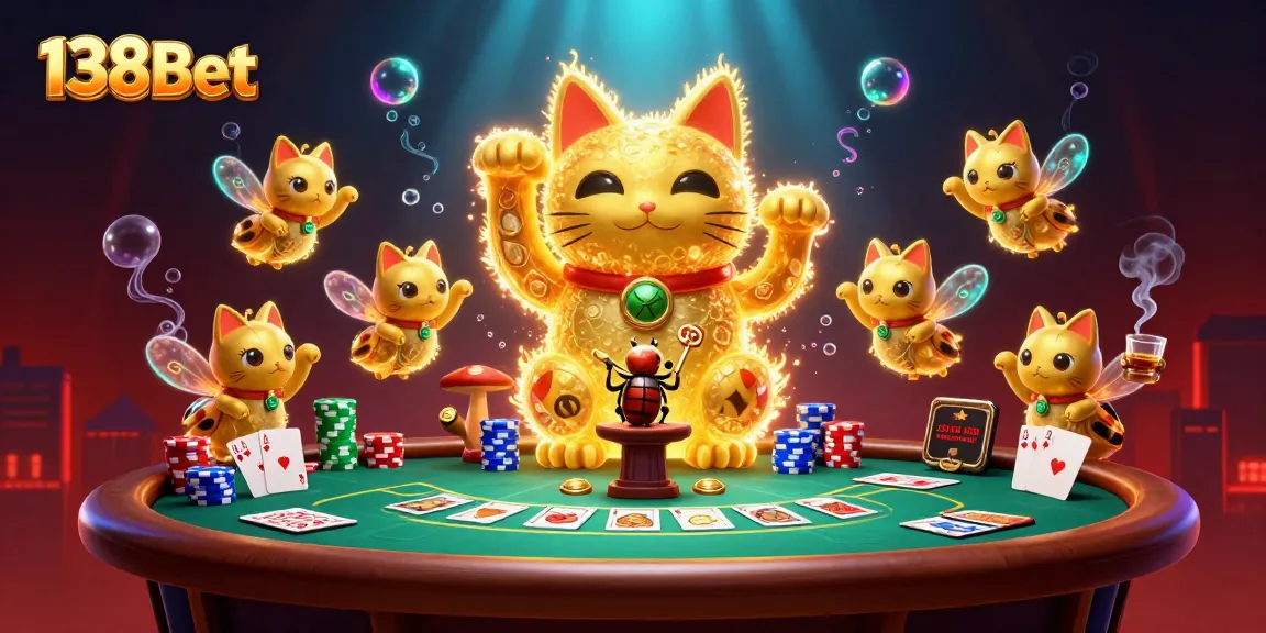 Enhance your gaming experience with 138Bet's vibrant casino world featuring a lucky cat and poker action.