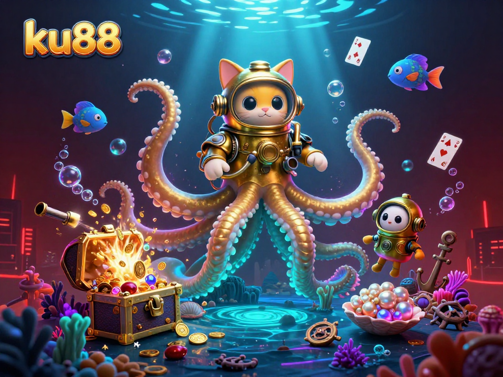 ku88 offers thrilling underwater adventures with kraken, divers, and treasure in this vibrant casino gaming scene