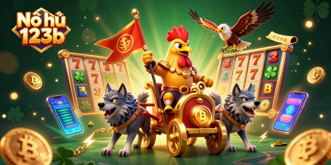 Nổ hũ 123b showcases a vibrant scene with a rooster warlord, slot elements, and crypto coins illustrating a thrilling casino experience.