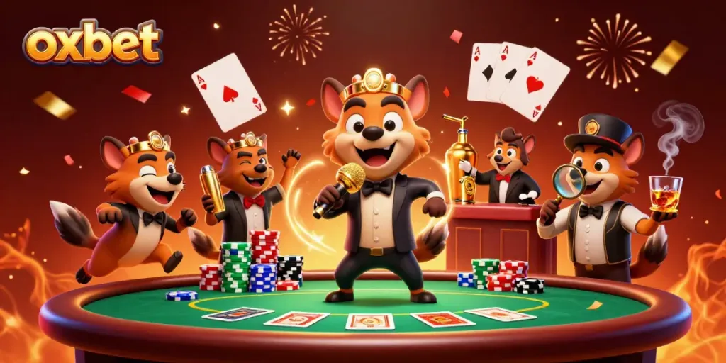 Hyenas entertain at OXBET casino while showcasing vibrant poker elements and lively atmosphere.
