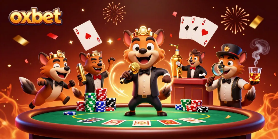 Hyenas entertain at OXBET casino while showcasing vibrant poker elements and lively atmosphere.