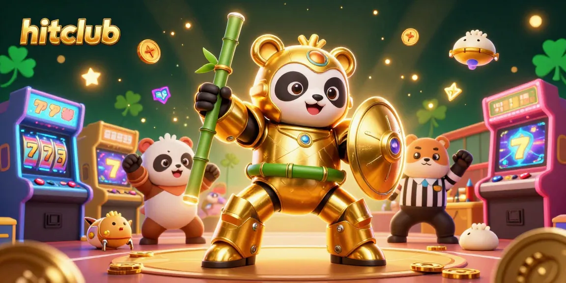 Experience hitclub's exciting gaming atmosphere with a 3D panda piloting a robot and vibrant casino elements.