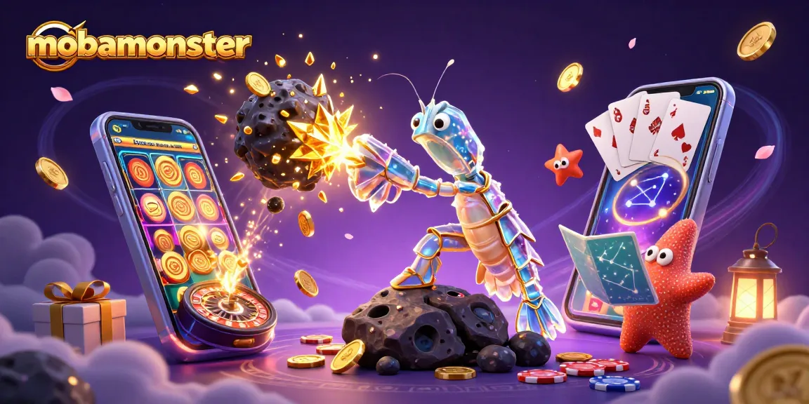 Experience the adventure with mobamonster as the galactic samurai shrimp conquers an asteroid in a colorful casino world.