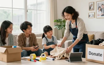 Entrümpler helfen einer Familie, den Wohnraum zu organisieren und zu entrümpeln.
