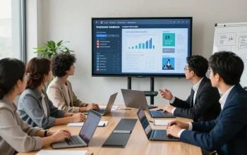Wertschätzung der Arbeit: Geschäftsteam im modernen Büro diskutiert Feedback zur Führungskultur.