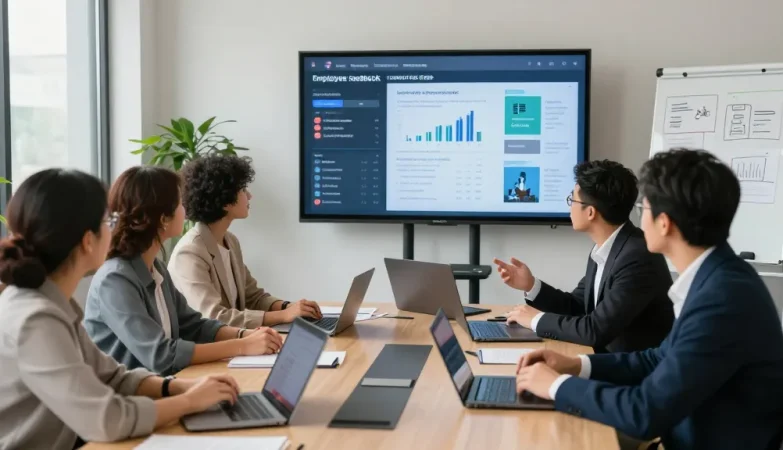 Wertschätzung der Arbeit: Geschäftsteam im modernen Büro diskutiert Feedback zur Führungskultur.