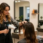 Eine stilvolle Schönheitssalon-Szene, in der ein Friseur den Laifen föhn verwendet, um das Haar einer zufriedenen Kundin zu stylen.