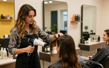 Eine stilvolle Schönheitssalon-Szene, in der ein Friseur den Laifen föhn verwendet, um das Haar einer zufriedenen Kundin zu stylen.