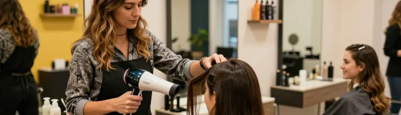 Eine stilvolle Schönheitssalon-Szene, in der ein Friseur den Laifen föhn verwendet, um das Haar einer zufriedenen Kundin zu stylen.
