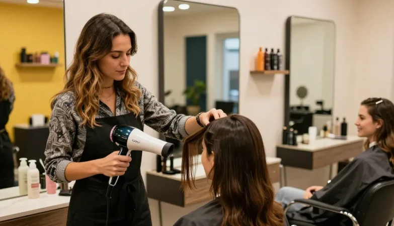 Eine stilvolle Schönheitssalon-Szene, in der ein Friseur den Laifen föhn verwendet, um das Haar einer zufriedenen Kundin zu stylen.