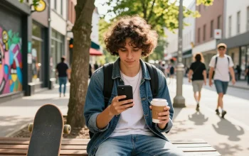 Instagram Likes kaufen in einer urbanen Szene mit einer jungen Person, die ihr Smartphone überprüft.