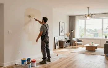 Renovierung Augsburg: Handwerker streicht Wände in modernem Wohnzimmer