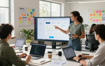 Team working to build internal tools with AI in a bright office space, showcasing collaborative development.